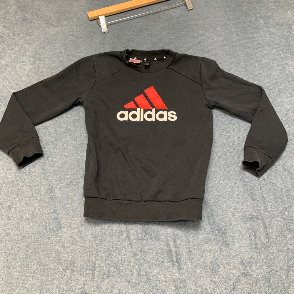 Adidas Sweatshirt Boys XS Black 3 Stripes Logo Crew Neck Ribbed Hem Pullover